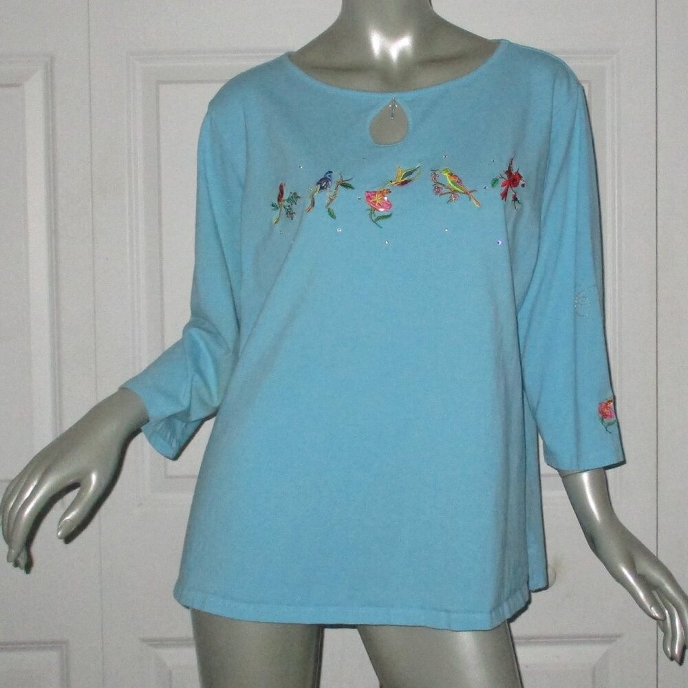 QUACKER FACTORY Blue Embroidered Birds Top